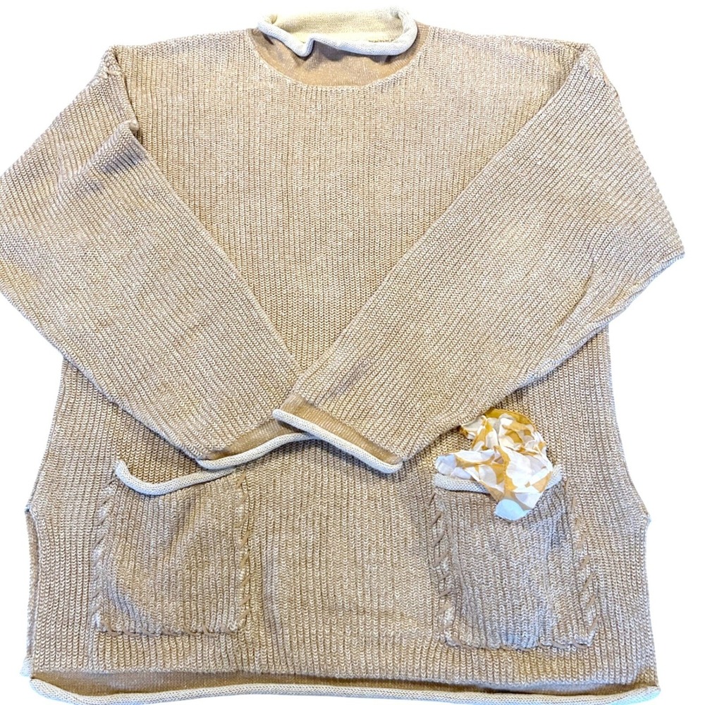 Vtg SK & Company Chunky Knit Sweater XL Tan Beige Oversized Boho Cottagecore